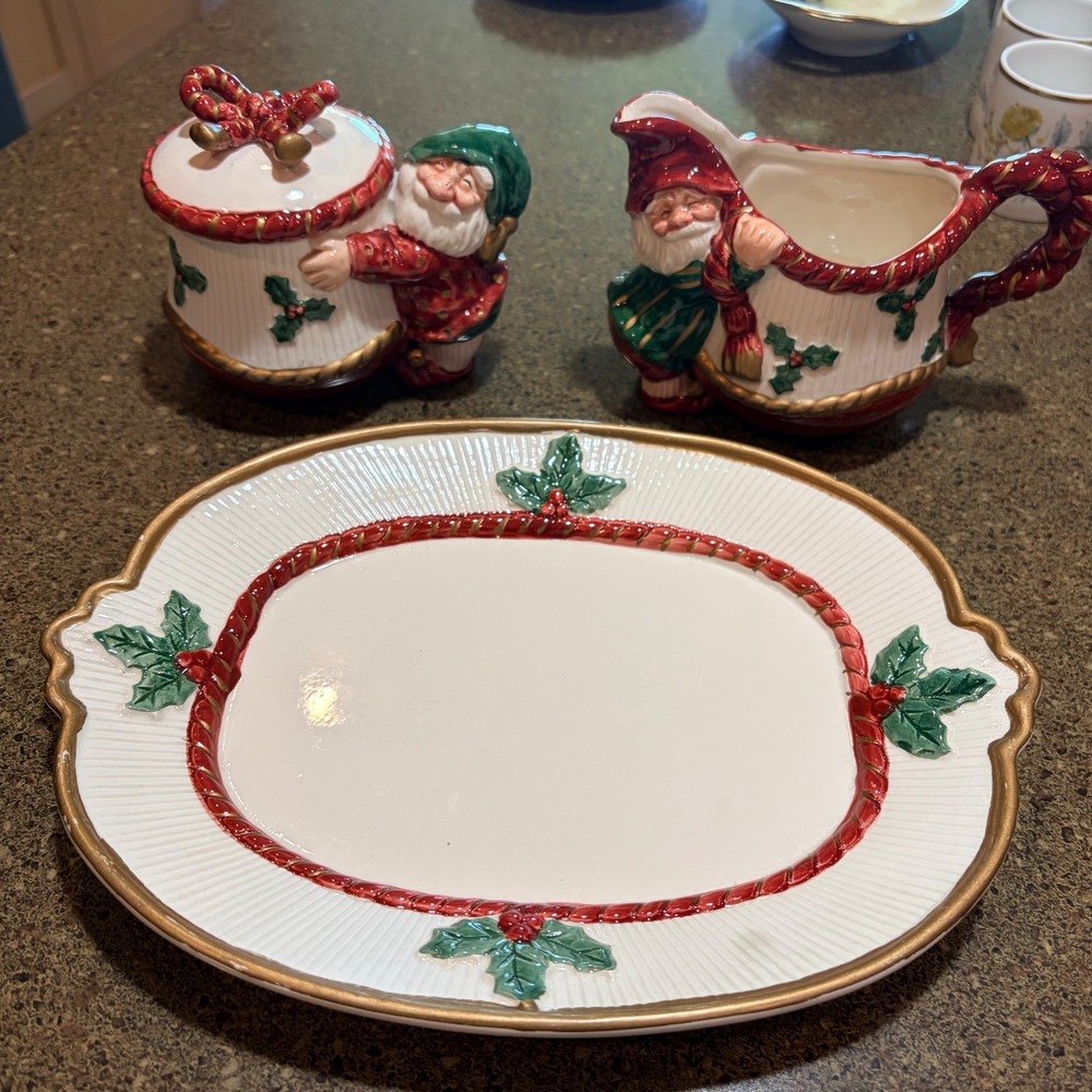 Fitz and Floyd Christmas Santa Gnomes Sugar Creamer and Platter Set Holly Gold